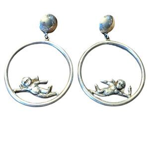 Vintage Silver Toned Cupid or Angel Valentine Hoop Earrings - Women's Jewelry